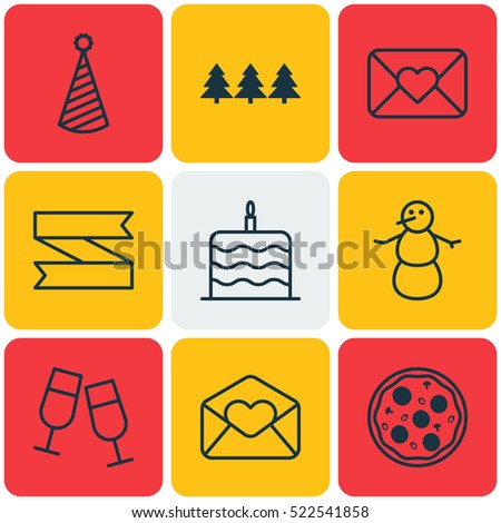 Set Of 9 Holiday Icons. Can Be Used For Web, Mobile, UI And Infographic Design. Includes Elements Such As Christmas, Pizzeria, Celebrating And More.