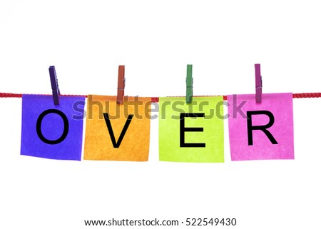 Colorful paper cards with words Over hang on rope isolated on white.