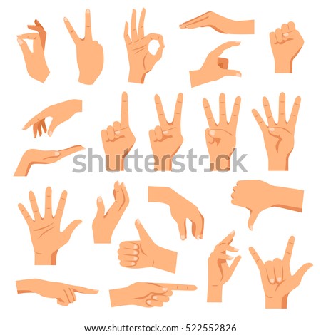 Set of hands in different gestures emotions and signs on white background isolated vector illustration