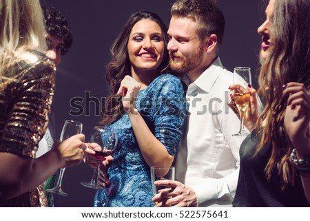 Happy friends having fun. Home party Royalty-Free Stock Photo #522575641