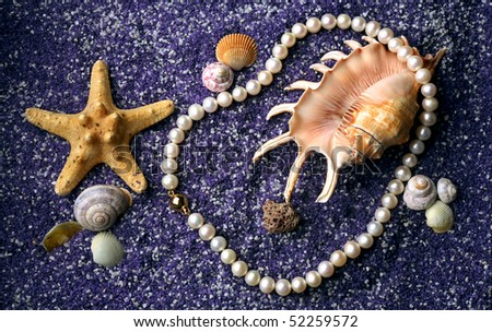 Pearl necklace with sea shell and starfishes on lilac sand