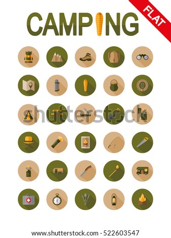 Camping. Icon set for web and mobile application. Vector illustrations on a buttons with a long shadow. Flat design style.