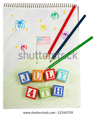 Kid's 4th of July drawing with color pencils and alphabet blocks.