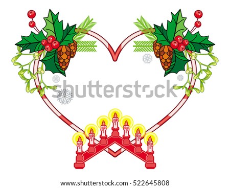 Heart-shaped frame with Christmas decorations and light candle arch. Holiday design element. Vector clip art.