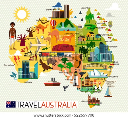 Map of the Australia and Travel Icons.  Australia Travel Map. Vector Illustration. Royalty-Free Stock Photo #522659908