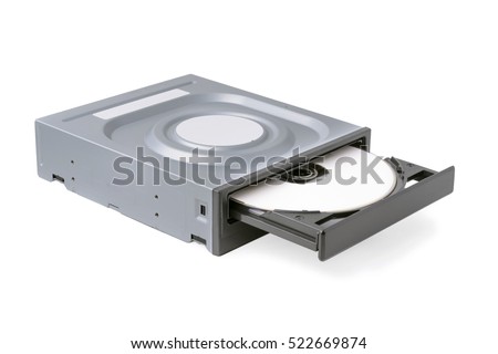 opened drive CD - DVD - Blu Ray with a black cap and white disk on a white background, CD-ROM, DVD-ROM, BD-ROM Royalty-Free Stock Photo #522669874
