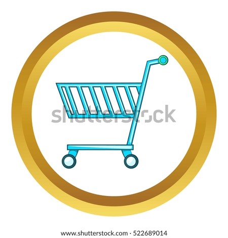 Shopping cart vector icon in golden circle, cartoon style isolated on white background