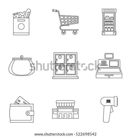 Supermarket icons set. Outline illustration of 9 supermarket vector icons for web