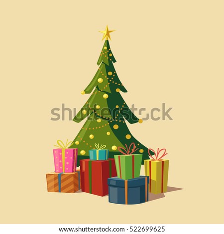 Christmas tree with gifts. Cartoon vector illustration. Star, decoration balls and light bulb chain. Isolated background. Happy New Year, Merry christmas