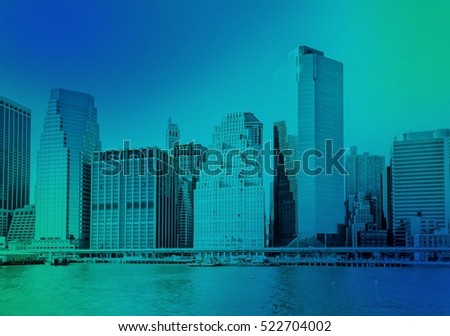 Architecture of famous skyscraper buildings in New York City USA. 
NYC Metropolitan of America, five boroughs, Brooklyn, Queens, Manhattan, Bronx, Staten Island. Image blue green colors filter effect 