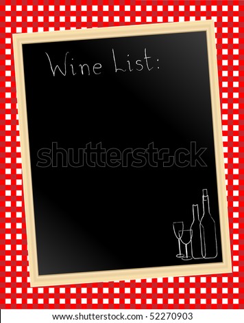 A vector illustration of a wine list chalkboard on gingham background