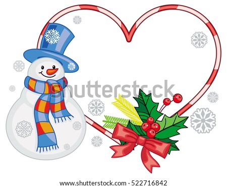 Heart-shaped frame with Christmas decorations and smiling snowman in funny hat. Holiday design element. Copy space. Vector clip art.