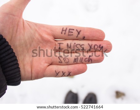 inscription on the palm of the love of the girl on a background of snow