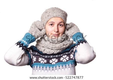 young beautiful girl winter portrait on white background,copyspace