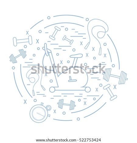 Vector illustration of different kinds of sports equipment arranged in a circle. Including icons of skipping rope, stopwatch, exercise bike, dumbbells. Isolated elements on white background.