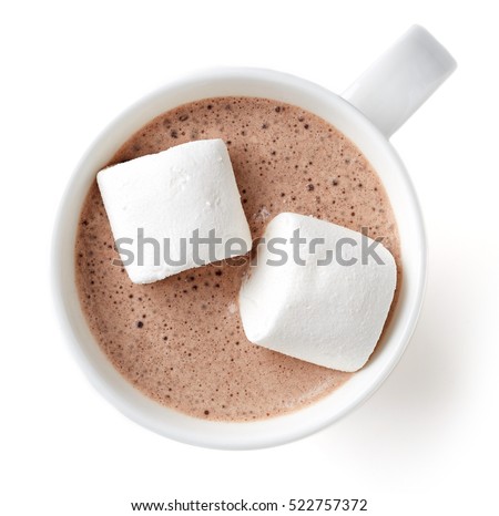 Cocoa drink with marshmallows in white mug isolated on white background, top view