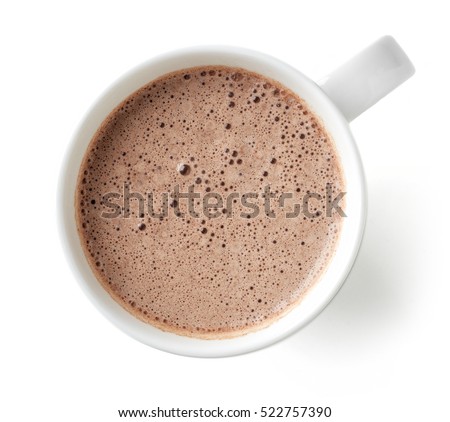 Cocoa drink in white mug isolated on white background, top view