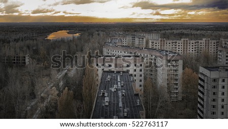Vew from roof of 16-storied apartment house in Pripyat town, Chernobyl Nuclear Power Plant Zone of Alienation, Ukraine Royalty-Free Stock Photo #522763117