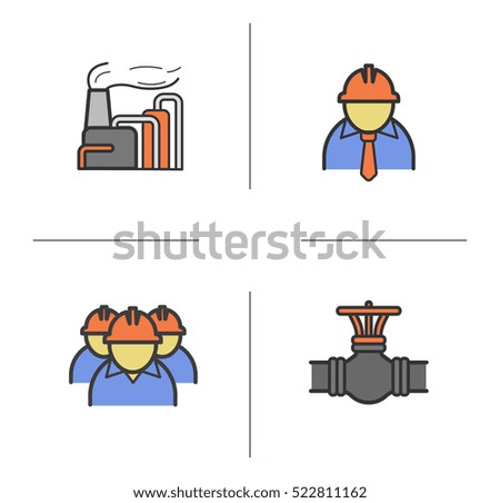 Industrial complex color icons set. Chemical factory, chief and workers, gas pipe valve. Isolated vector illustrations