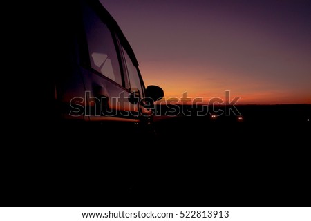 Holiday vacation travel concept. Night drive travelling. Night on the road. Autotrip Royalty-Free Stock Photo #522813913
