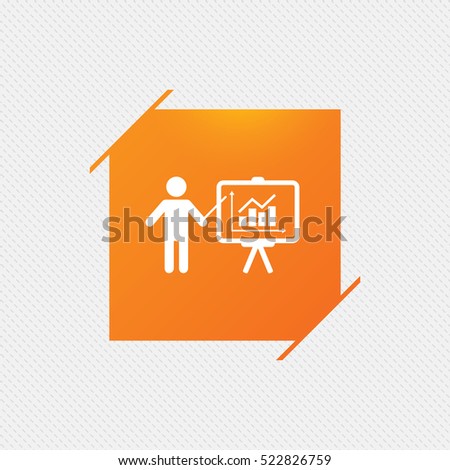 Presentation sign icon. Man standing with pointer. Scheme and Diagram symbol. Orange square label on pattern. 