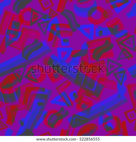 Dark abstract pattern geometric elements background watercolor painting colorful elements  on a blue neon color. Childish background repeating pattern with geometric elements chaotic allover.