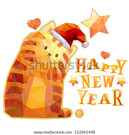 Happy new year vector card, set for your design, cute cartoon polygonal orange cat, star, heart, ball, sign, santa hat