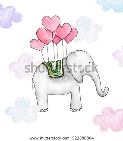 Watercolor elephant. Nursery cartoon animal hand painted. Kids illustration