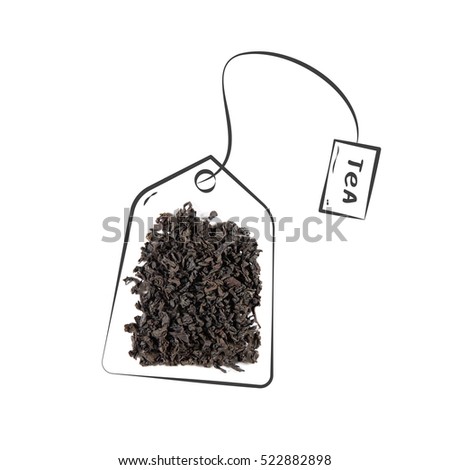 Heap of dry black tea isolated on white background with cute doodle hand drawn teabag. Royalty-Free Stock Photo #522882898
