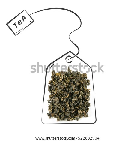 Heap of dry green tea isolated on white background with cute doodle hand drawn teabag. Royalty-Free Stock Photo #522882904