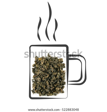 Heap of dry green tea isolated on white background with cute doodle hand drawn cup. Royalty-Free Stock Photo #522883048