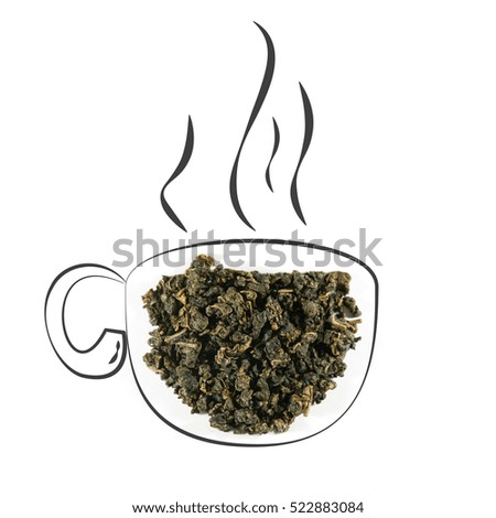 Heap of dry green tea isolated on white background with cute doodle hand drawn cup. Royalty-Free Stock Photo #522883084