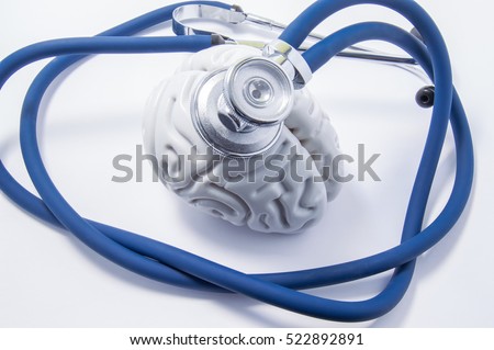 Shape of human brain as organ, which is head of stethoscope. Pic for protection, research, diagnosis and treatment of brain from neurological diseases such as stroke, injury, trauma, cancer, tumor etc