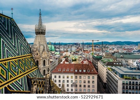 Aerial view over the rooftops of Vienna from the north tower of St. Stephen's Cathedral, Austria. Beautiful travel picture.