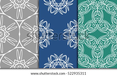 set of 3 Luxury floral ornament. seamless pattern. blue, green, grey color. vector illustration.