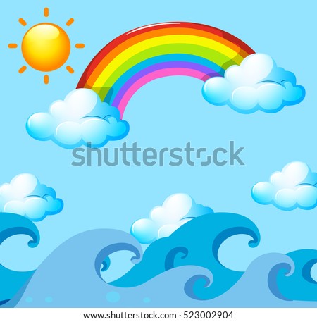 Rainbow and sun over the ocean illustration