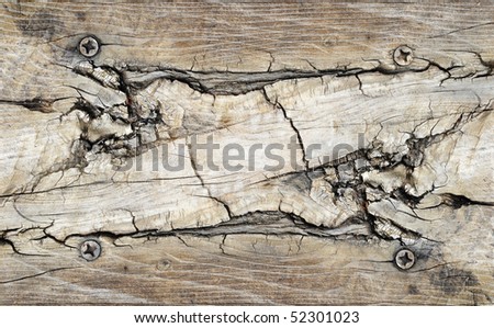 Closeup of cracked wood with four nails on each corner with copyspace in the middle.