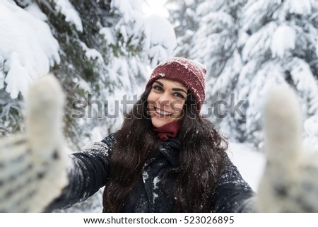Young Beautiful Woman Smile Camera Taking Selfie Photo In Winter Snow Forest Girl Outdoors Walking White Park