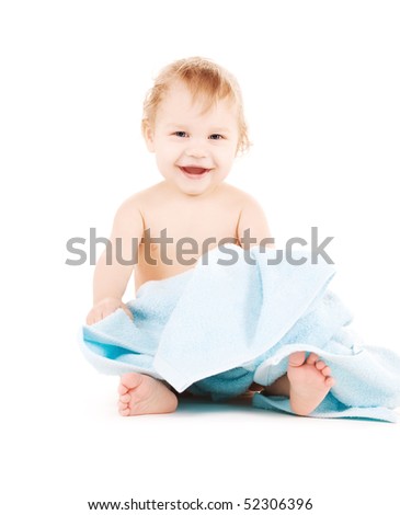 picture of baby boy with blue towel over white