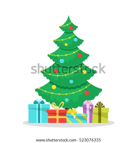 Christmas background with decorated tree and gift boxes. Colorful flat presents for holiday. Modern design. Christmas and New Year elements for decoration. Vector illustration isolated on white