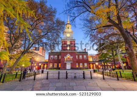 Independence Hall during autumn season in Philadelphia, Pennsylvania, USA. Royalty-Free Stock Photo #523129003