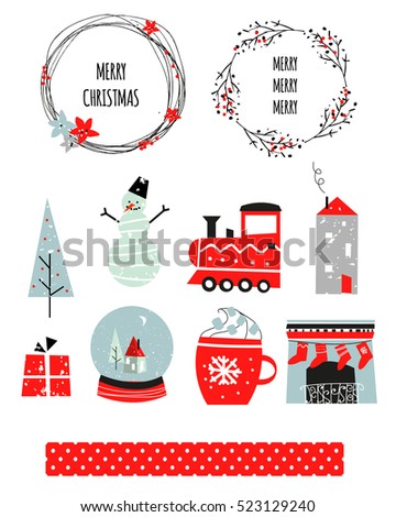 Merry Christmas Happy New Year set. Scandinavian christmas design. Vector illustration. Snowman, winter forest, gifts, Snow globe, fireplace, cocoa, marshmallow, steam train, cup, Christmas tree