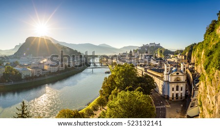 Panoramic view over city Salzburg at summer morning, Salzburg, Austria  Royalty-Free Stock Photo #523132141