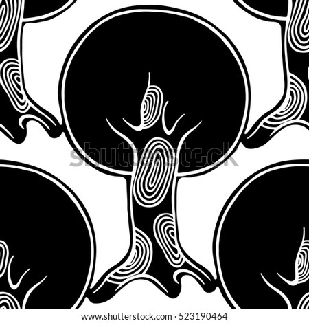 Seamless pattern, vector hand drawn repeating illustration, decorative ornamental stylized endless trees. Black and white abstract seamles graphic illustration. Artistic line drawing silhouette. 