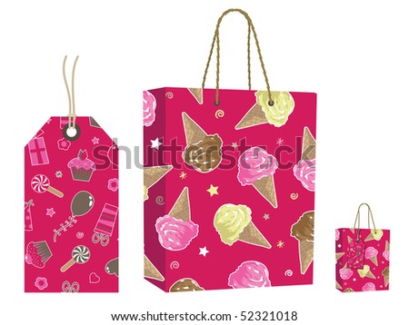 pink party pattern bag and tag gift set isolated on white