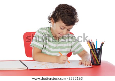 adorable student drawing  a over white background