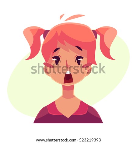 Teen girl face, surprised facial expression, cartoon vector illustrations isolated on yellow background. Red-haired girl emoji shocked, amazed, astonished. Surprised face expression