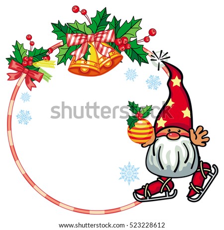 Round holiday frame with little gnome and Christmas ornament. Ice skating. Copy space. Vector clip art.