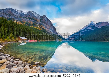 Beautiful autumn views of iconic Lake Louise in Banff National Park in the Rocky Mountains of Alberta Canada Royalty-Free Stock Photo #523242169