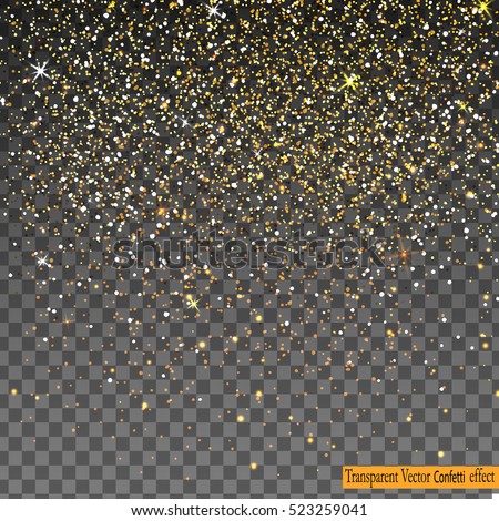 Vector festive illustration of falling shiny particles, Golden Confetti Glitters, stars isolated on transparent background. Holiday Decorative tinsel element for Design.  Royalty-Free Stock Photo #523259041